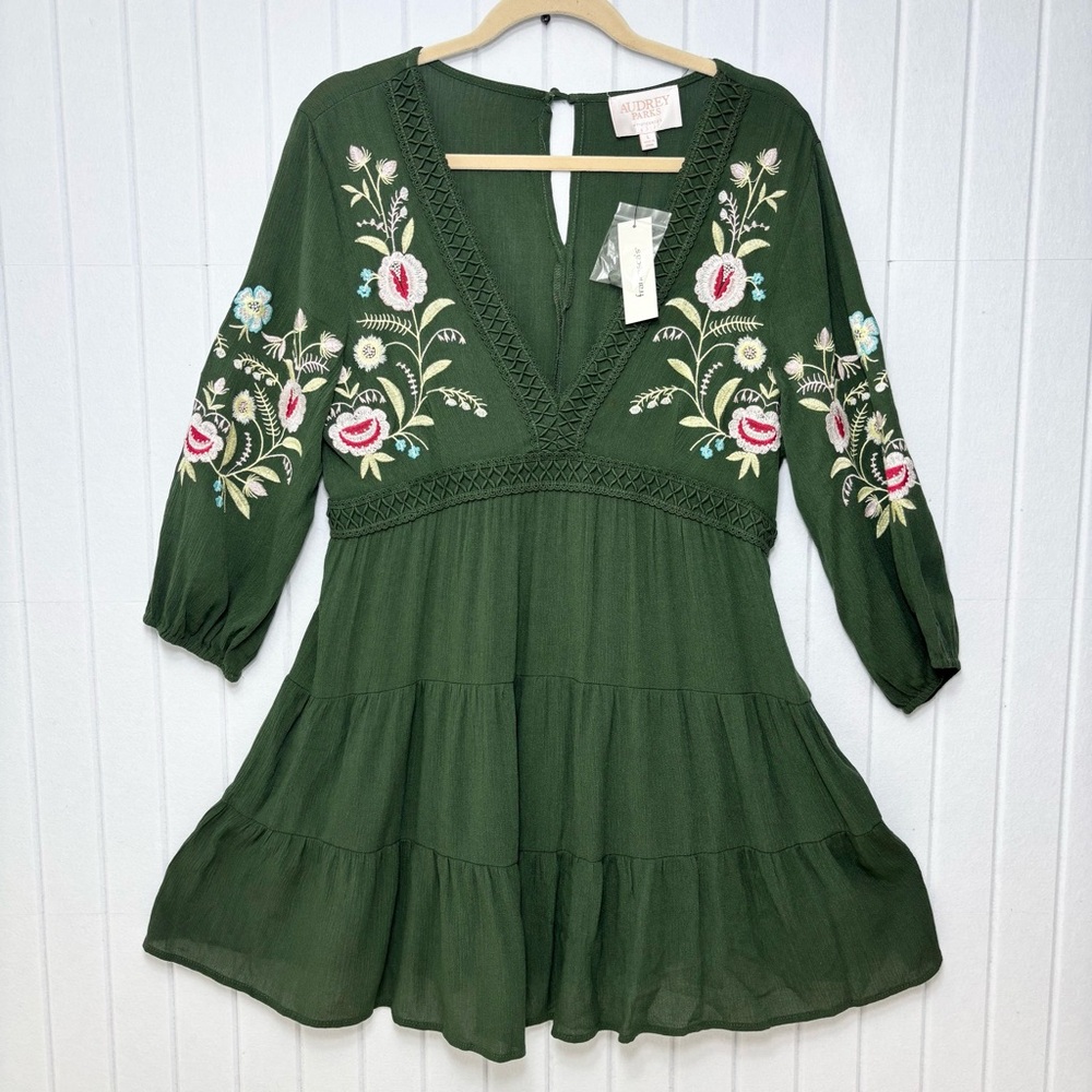 AUDREY PARKS for‎ Francesca Embroidered Green Boho Mini Dress Size L